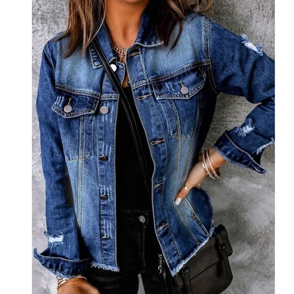 Medium Wash Distressed Frayed Hem Button Jean Jacket - Picture 2 of 6